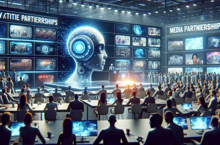 A realistic, high-definition image portraying the launch of an innovative media partnerships program by a leading artificial intelligence organization. The depiction includes a room filled with digital screens showcasing various media projects, a futuristic AI-enabled media device being unveiled, and participants enthusiastically engaged in the event.