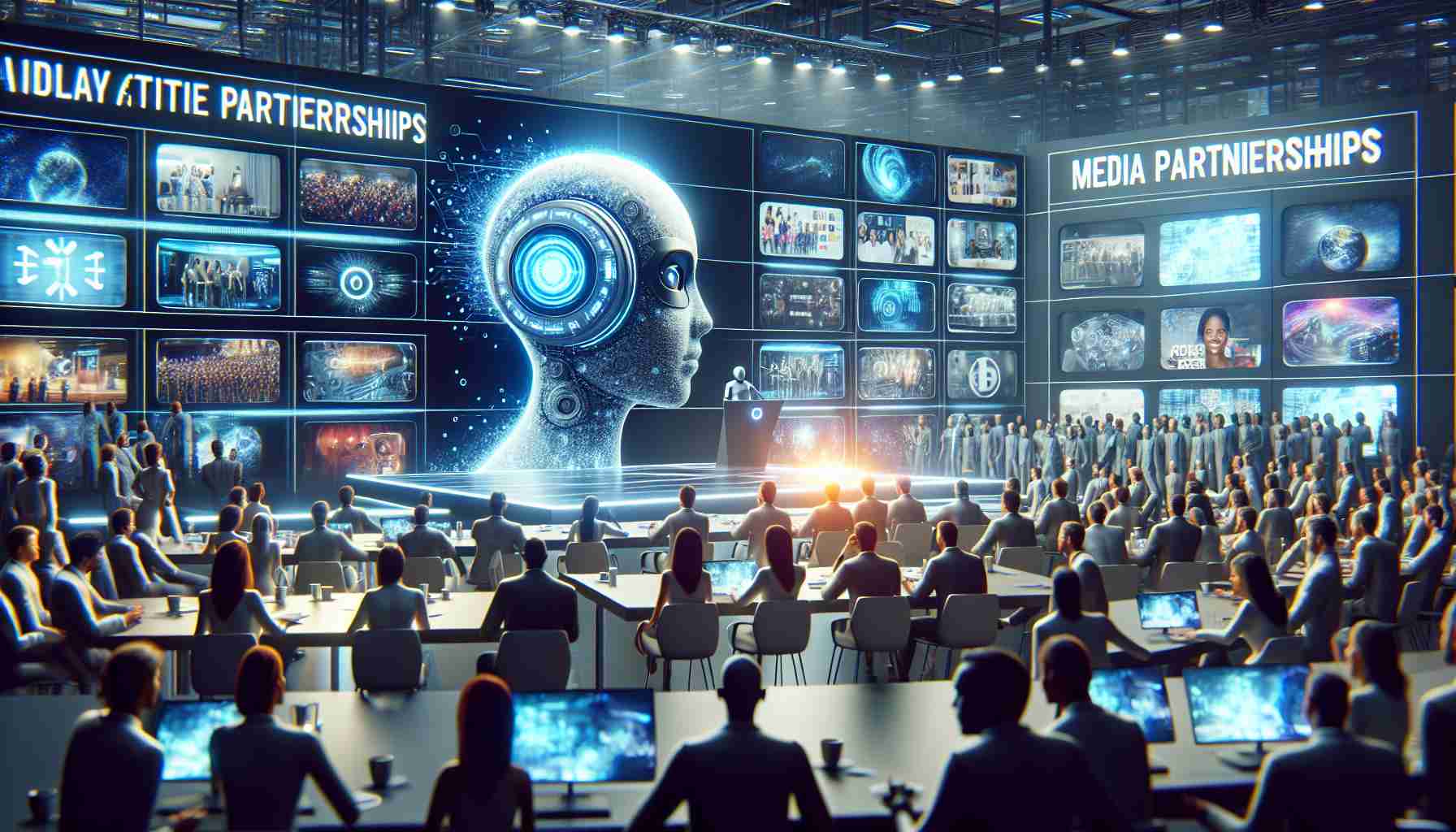 A realistic, high-definition image portraying the launch of an innovative media partnerships program by a leading artificial intelligence organization. The depiction includes a room filled with digital screens showcasing various media projects, a futuristic AI-enabled media device being unveiled, and participants enthusiastically engaged in the event.