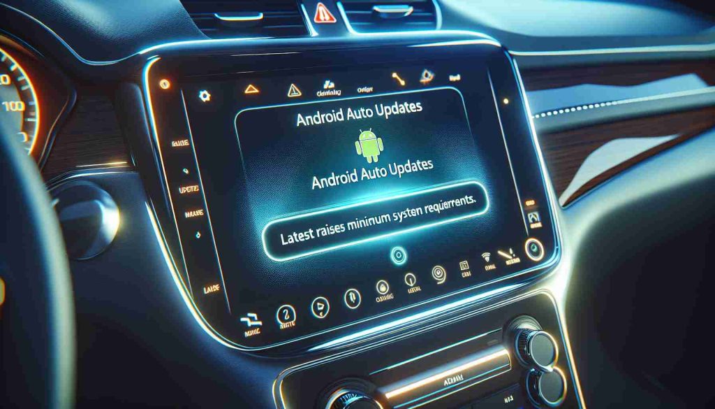 Generate a realistic and high-definition image displaying an alert on a car's infotainment screen. The alert should state 'Android Auto Updates: Latest update raises minimum system requirements.' The overall scene should make it clear that this is occurring within an automobile, with indicators such as the interior of the car visible around the infotainment screen. For added realism, the dashboard lights should reflect on the shiny screen, subtly illuminating the edges.