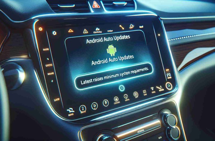 Generate a realistic and high-definition image displaying an alert on a car's infotainment screen. The alert should state 'Android Auto Updates: Latest update raises minimum system requirements.' The overall scene should make it clear that this is occurring within an automobile, with indicators such as the interior of the car visible around the infotainment screen. For added realism, the dashboard lights should reflect on the shiny screen, subtly illuminating the edges.