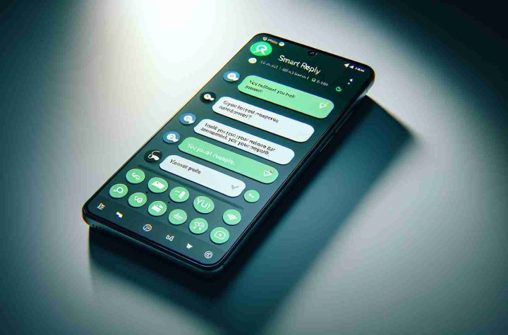 An ultra high-definition, realistic image of a smartphone displaying a new smart reply feature on a renowned instant messaging application. The screen shows various chat boxes where unique intelligent responses are suggested by the app in a relevant context to the ongoing conversation. The application interface exhibits a familiar green-themed design, arrayed with standard symbols identifying various features like voice chat, file share, camera access and user profiles. The phone lies on a smooth surface with delicate shadows cast on the sides.