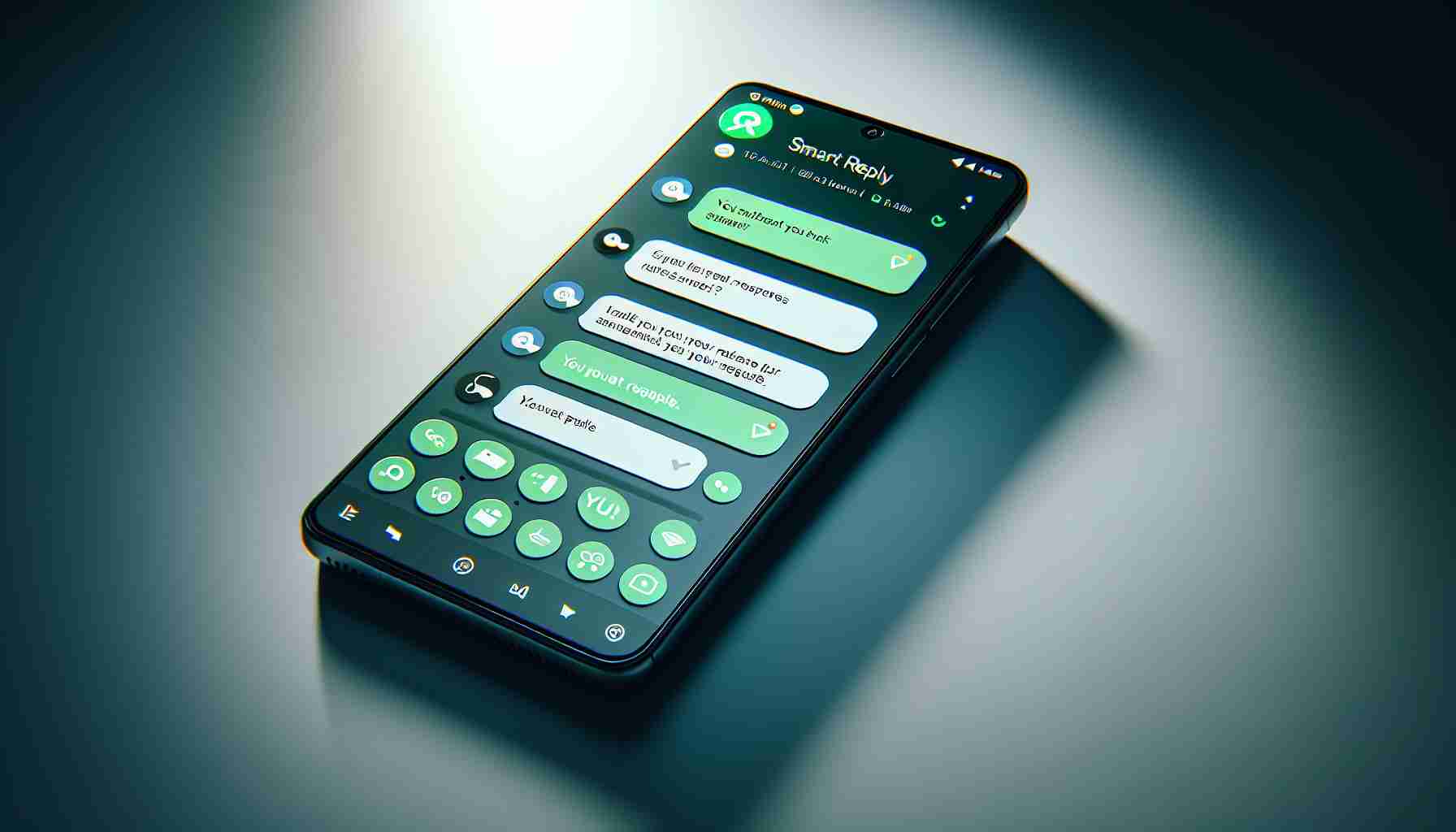 An ultra high-definition, realistic image of a smartphone displaying a new smart reply feature on a renowned instant messaging application. The screen shows various chat boxes where unique intelligent responses are suggested by the app in a relevant context to the ongoing conversation. The application interface exhibits a familiar green-themed design, arrayed with standard symbols identifying various features like voice chat, file share, camera access and user profiles. The phone lies on a smooth surface with delicate shadows cast on the sides.