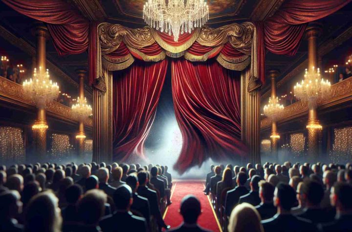 A high-definition, realistic image showcasing the moment when an enigmatic figure is revealed. The figure is hidden behind a lavish, red velvet curtain which is being drawn aside, revealing a blur that signifies its presence. The setting is a grand ballroom with ornate decorations, glittering chandeliers, and a stunned crowd eagerly looking towards the reveal. The atmosphere is filled with anticipation, excitement, and a touch of fear of the unknown.