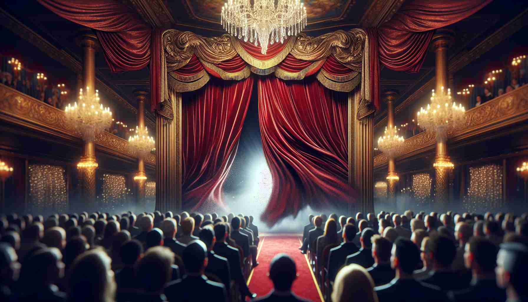 A high-definition, realistic image showcasing the moment when an enigmatic figure is revealed. The figure is hidden behind a lavish, red velvet curtain which is being drawn aside, revealing a blur that signifies its presence. The setting is a grand ballroom with ornate decorations, glittering chandeliers, and a stunned crowd eagerly looking towards the reveal. The atmosphere is filled with anticipation, excitement, and a touch of fear of the unknown.