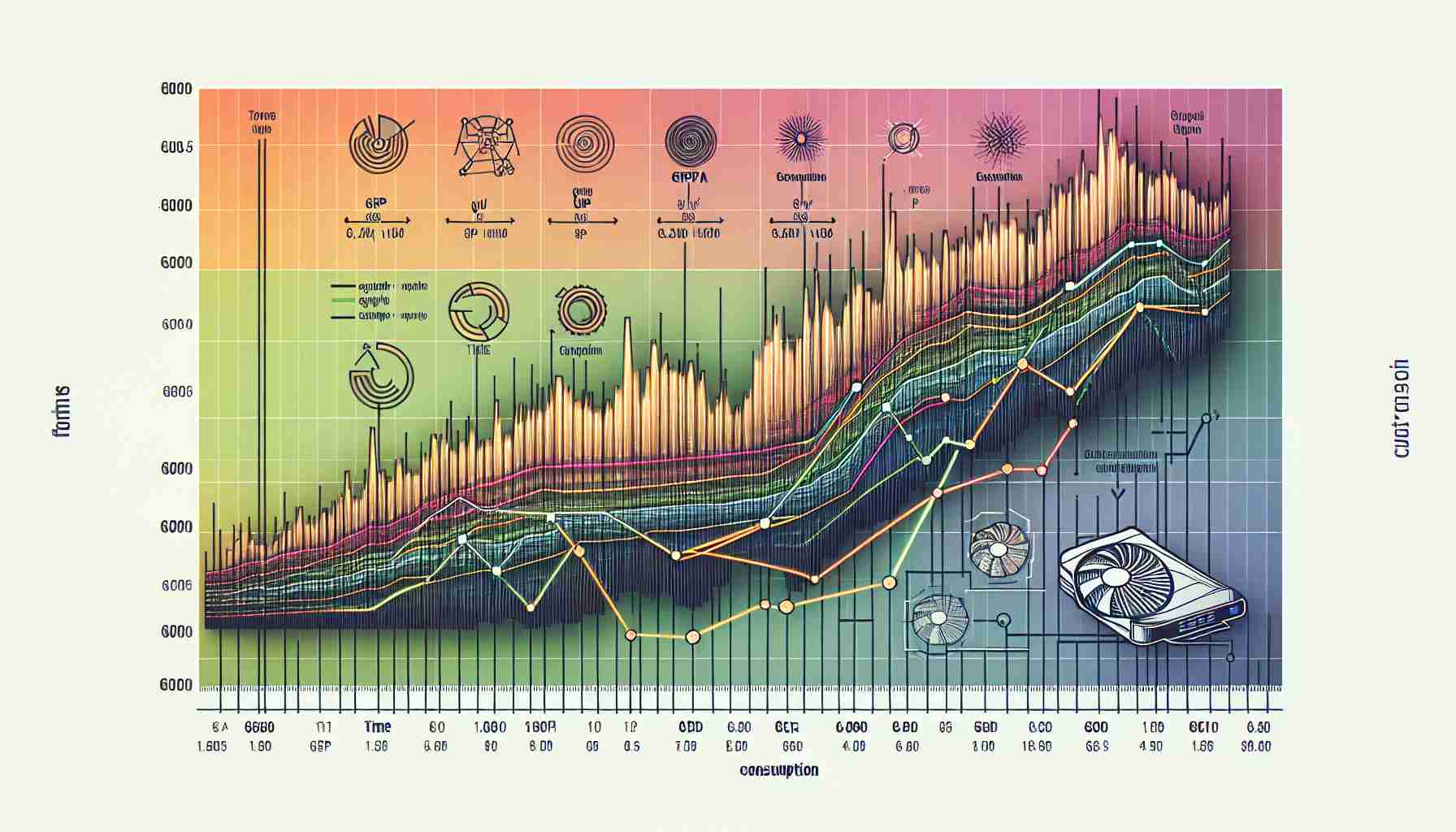 Create an image showcasing detailed and realistic graphical representation of the latest trends in GPU consumption data. The image should look like a graph with various colored lines, each representing different GPUs, and the x-axis representing time. The y-axis shows the consumption level. Include data points on the graph, and provide annotations for better understanding.