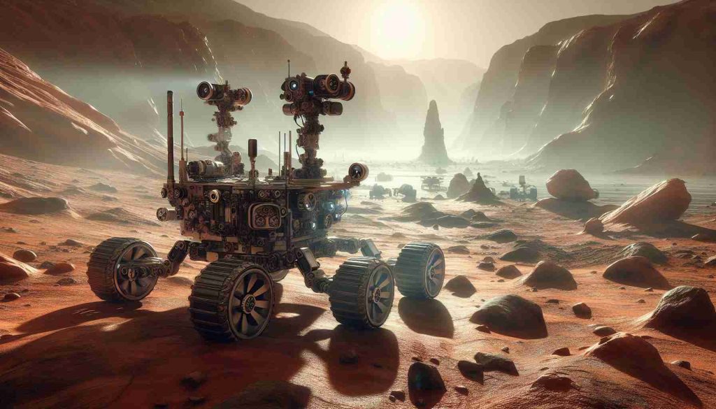 A High Definition realistic image detailing a scene of exploration in the Martian desert. The centerpiece of the image is a new rover, carefully designed with intricate technology suitable for extraterrestrial environments, and appears to be intently surveying the surrounding landscape. While the rover studies the landscape, the depiction should evoke ideas of controversy — perhaps through visual cues like unusual rock formations or mysterious shadows that suggest the presence of never-before-seen phenomena or the possibility of life.