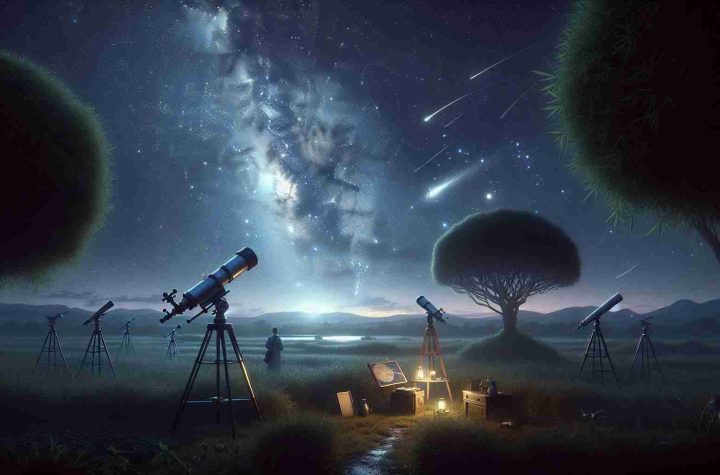 An image in high definition, capturing the beauty of the night sky. It should show various unique ways of exploring the stars such as through a telescope, a star chart and possibly someone studying the sky with a notebook at hand. The environment is serene and quiet, with only the chirping of cicadas in the background. Off in the distance, a meteor shower adds a touch of wonder to the spectacle. The scene is bathed in the soft, shimmering light of the Milky Way. It's a marvelous, detailed scene signifying the immensity and mystery of the cosmos.