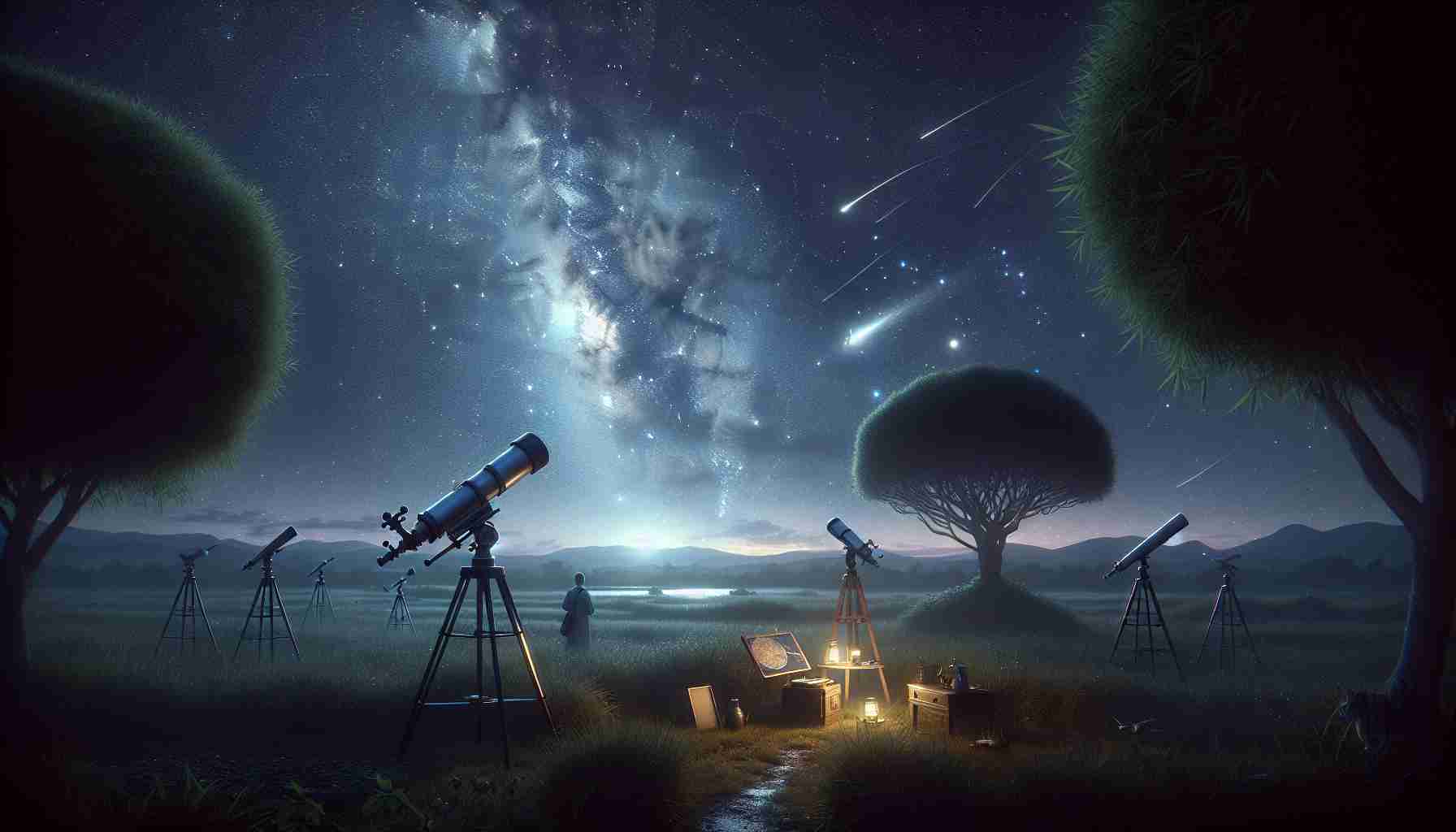 An image in high definition, capturing the beauty of the night sky. It should show various unique ways of exploring the stars such as through a telescope, a star chart and possibly someone studying the sky with a notebook at hand. The environment is serene and quiet, with only the chirping of cicadas in the background. Off in the distance, a meteor shower adds a touch of wonder to the spectacle. The scene is bathed in the soft, shimmering light of the Milky Way. It's a marvelous, detailed scene signifying the immensity and mystery of the cosmos.