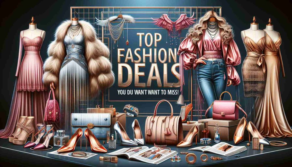 An ultra high-resolution realistic image depicting multiple outstanding fashion deals. The scene includes a variety of fashionable clothing and accessories including trendy shoes, stylish dresses, elegant handbags, and chic jewelry, all displayed to showcase their charm and discounts. There is a captivating banner with the text 'Top Fashion Deals You Don't Want to Miss!' prominently placed, encouraging viewers to engage with these appealing offers.