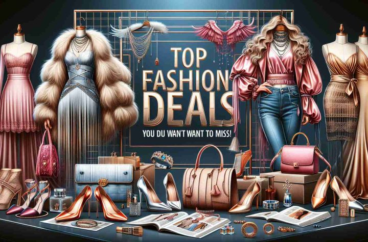 An ultra high-resolution realistic image depicting multiple outstanding fashion deals. The scene includes a variety of fashionable clothing and accessories including trendy shoes, stylish dresses, elegant handbags, and chic jewelry, all displayed to showcase their charm and discounts. There is a captivating banner with the text 'Top Fashion Deals You Don't Want to Miss!' prominently placed, encouraging viewers to engage with these appealing offers.