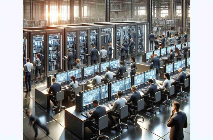 High definition, lifelike image of a telecommunications company using advanced technology to enhance customer experience. The scene should depict a state-of-the-art facility with employees meticulously working on large, shiny, high-tech machines. They use these machines to streamline customer service processes. The employees themselves display a diverse range of descents such as Caucasian, Asian, and Black. The gender distribution among them is balanced. A seamless, streamlined workflow is evident. A sense of professionalism and innovation saturates the area.