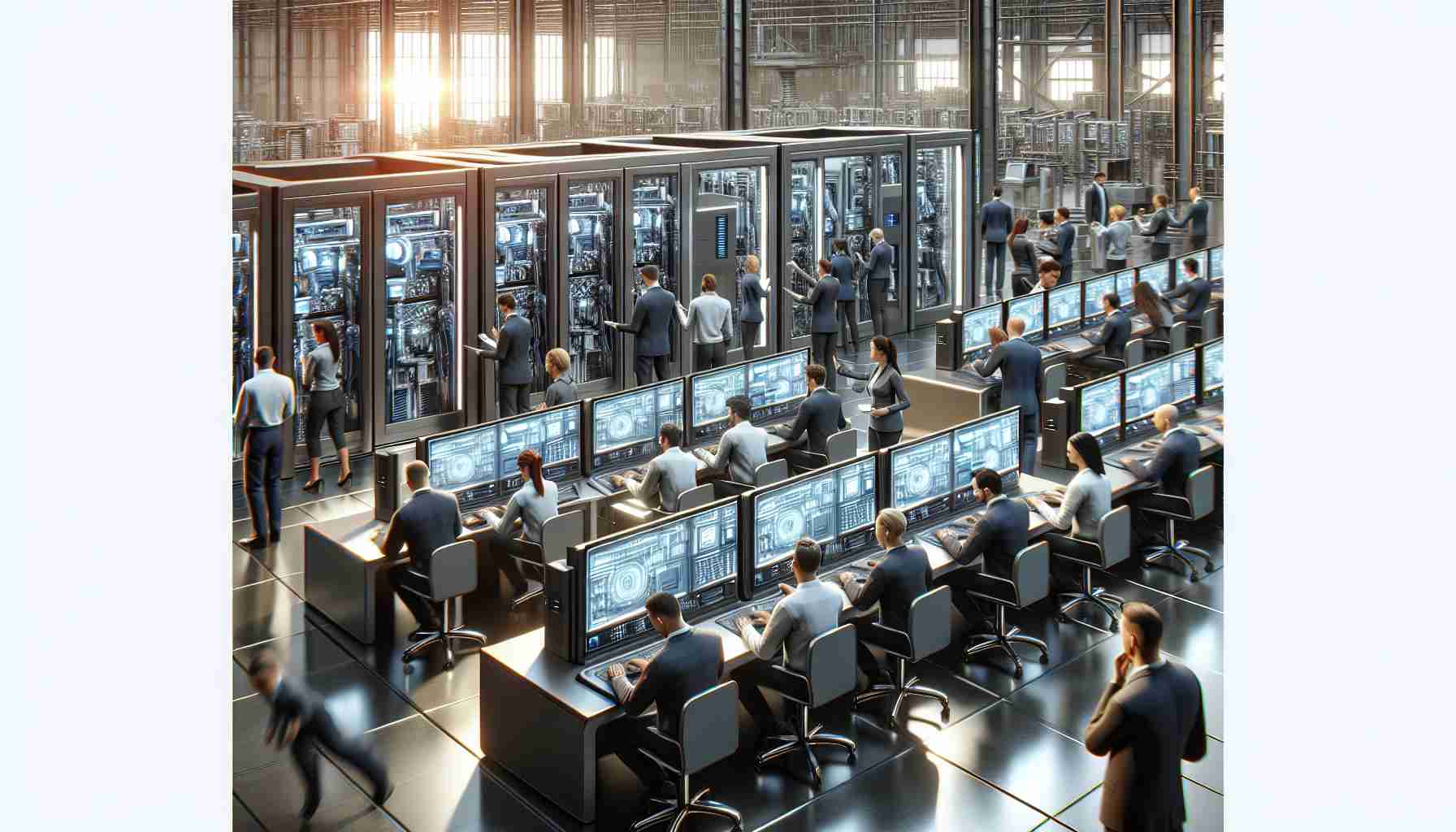 High definition, lifelike image of a telecommunications company using advanced technology to enhance customer experience. The scene should depict a state-of-the-art facility with employees meticulously working on large, shiny, high-tech machines. They use these machines to streamline customer service processes. The employees themselves display a diverse range of descents such as Caucasian, Asian, and Black. The gender distribution among them is balanced. A seamless, streamlined workflow is evident. A sense of professionalism and innovation saturates the area.