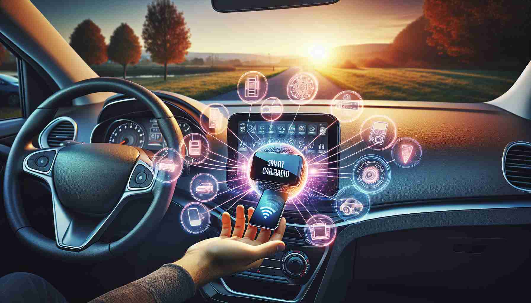 Create a crystal-clear, high-definition picture to illustrate the enhanced convenience of the latest smart car radio integration. Showcase a smart car radio, which is innovative and packed with tech features, seamlessly integrated into the car's dashboard. Highlight the connection among handheld devices; including mobile phones and tablets to the integrated system, displayed in a multi-functional touchscreen on the dashboard. Please consider the vehicle to be in a peaceful park setting during sunset, reflecting the harmony between technology and nature.