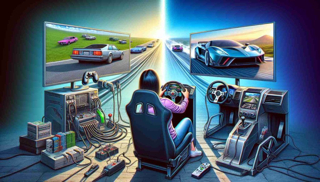 Generate a highly detailed, photorealistic illustration depicting the evolution of gaming technology. Show a dramatic transition from a classic arcade-style racing game setup on the left, with a low-resolution screen and simple joystick control, to a modern, high-definition racing simulator on the right. The modern setup should include a widescreen monitor displaying a realistic race track, a high-tech steering wheel, realistic pedal systems, and a bucket seat. Indicate the huge leap in gaming experience with expressions of excitement and awe on an Asian woman user who's in the middle of the transition.