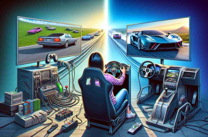 Generate a highly detailed, photorealistic illustration depicting the evolution of gaming technology. Show a dramatic transition from a classic arcade-style racing game setup on the left, with a low-resolution screen and simple joystick control, to a modern, high-definition racing simulator on the right. The modern setup should include a widescreen monitor displaying a realistic race track, a high-tech steering wheel, realistic pedal systems, and a bucket seat. Indicate the huge leap in gaming experience with expressions of excitement and awe on an Asian woman user who's in the middle of the transition.