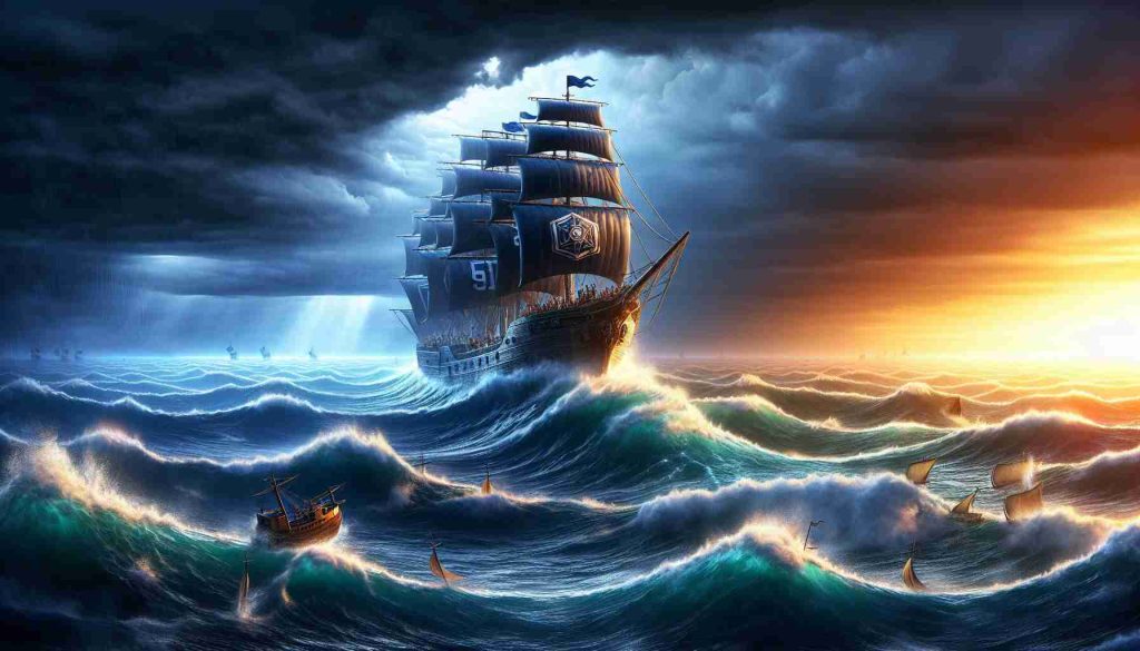 A realistic high-definition photo that represents the conceptual journey of a PC football game, let's call it 'Gridiron Adventure 8'. The image should illustrate various challenges the game might have faced during its development and subsequent release. Show a stormy sea, indicating the turbulent times of production, with a ship representing the game braving the waves. The ship should be adorned with popular, non-specific game symbols to signify its nature. On the horizon, depict a break in the storm, symbolising the game's successful release.