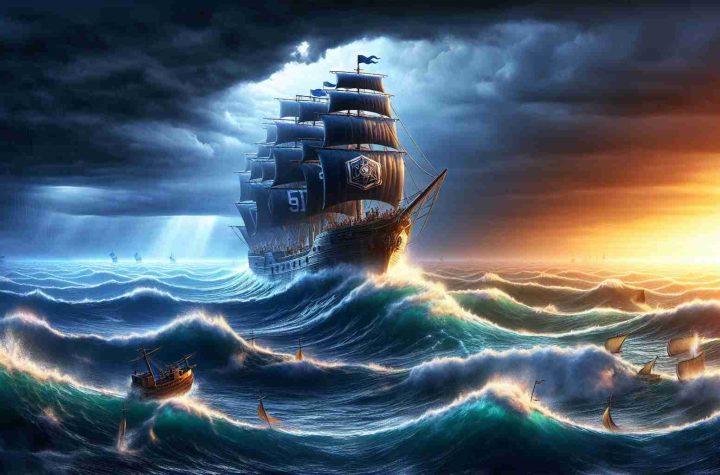 A realistic high-definition photo that represents the conceptual journey of a PC football game, let's call it 'Gridiron Adventure 8'. The image should illustrate various challenges the game might have faced during its development and subsequent release. Show a stormy sea, indicating the turbulent times of production, with a ship representing the game braving the waves. The ship should be adorned with popular, non-specific game symbols to signify its nature. On the horizon, depict a break in the storm, symbolising the game's successful release.