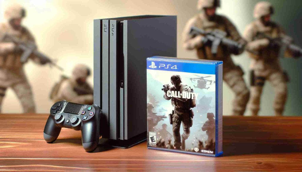 Close-up image of a brand new, unopened video game displayed next to a gaming console. The game should be a realistic, high-definition representation of a contemporary war-themed game. The console should be modeled after popular modern systems, featuring a sleek black design and distinctive logo. They should be standing on a wooden table against a soft, blurred background.