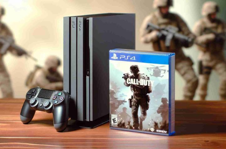 Close-up image of a brand new, unopened video game displayed next to a gaming console. The game should be a realistic, high-definition representation of a contemporary war-themed game. The console should be modeled after popular modern systems, featuring a sleek black design and distinctive logo. They should be standing on a wooden table against a soft, blurred background.