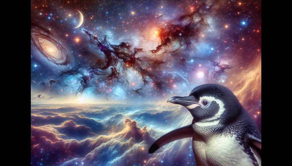 High-definition image with intricate detail that portrays a whimsical scene in the vast expanse of cosmic wilderness. In the foreground, a penguin-like creature is characterized by unusual features suitable for space navigation. Looking ahead, the Penguins' eyes reflect the awe-inspiring sites of distant stars, nebulas, and galaxies. The background is awash in cosmic majesty, with a rich variety of celestial bodies and phenomenon, demonstrating the awe and mystery of our universe. The creature should be observed to be gracefully soaring through this celestial space environment, embracing the unseen path ahead.