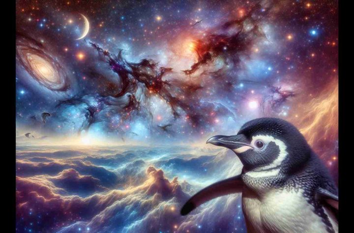 High-definition image with intricate detail that portrays a whimsical scene in the vast expanse of cosmic wilderness. In the foreground, a penguin-like creature is characterized by unusual features suitable for space navigation. Looking ahead, the Penguins' eyes reflect the awe-inspiring sites of distant stars, nebulas, and galaxies. The background is awash in cosmic majesty, with a rich variety of celestial bodies and phenomenon, demonstrating the awe and mystery of our universe. The creature should be observed to be gracefully soaring through this celestial space environment, embracing the unseen path ahead.