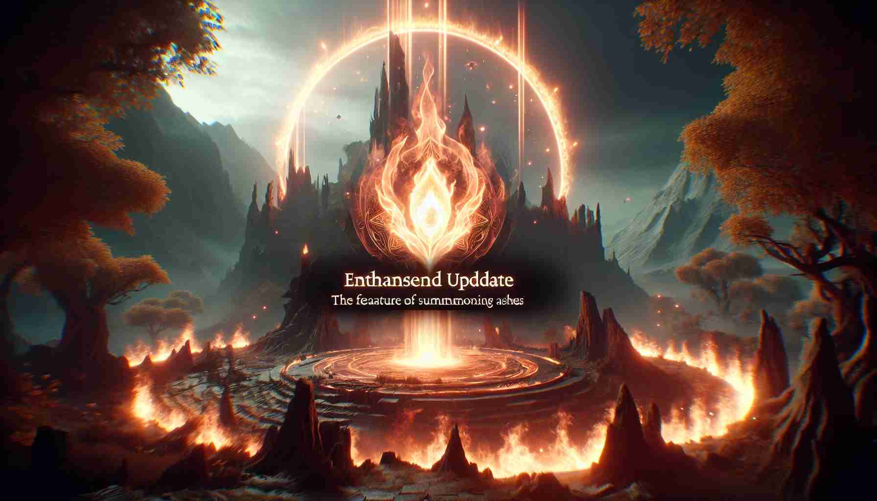 A high-definition, realistic image depicting an update in the game Elden Ring that enhances the feature of Summoning Ashes. The scene would showcase the glow from the ashes, alongside the enhanced visual effects and features introduced in the update. This scene is set in a fantastical realm full of varied landscapes and surreal atmospheres.