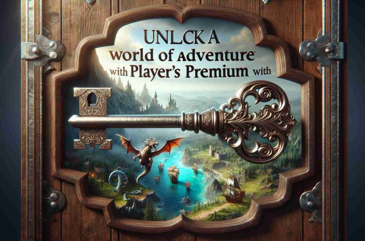 A realistic high definition image of a concept depicting the saying 'Unlock a World of Adventure with Player's Premium'. This would show a medieval-style key, exquisitely designed, turning in an ancient lock built into the frame of a wooden door. The door should appear slightly ajar, opening on a fantastical landscape filled with diverse adventures and destinations. This scene could include, but is not limited to, a dragon flying in the sky, a pirate ship sailing on an azure sea, an enchanted forest in the distance, and a castle perched on a hill. The words 'Unlock a World of Adventure with Player's Premium' should be overlaid in bold, elegant text.