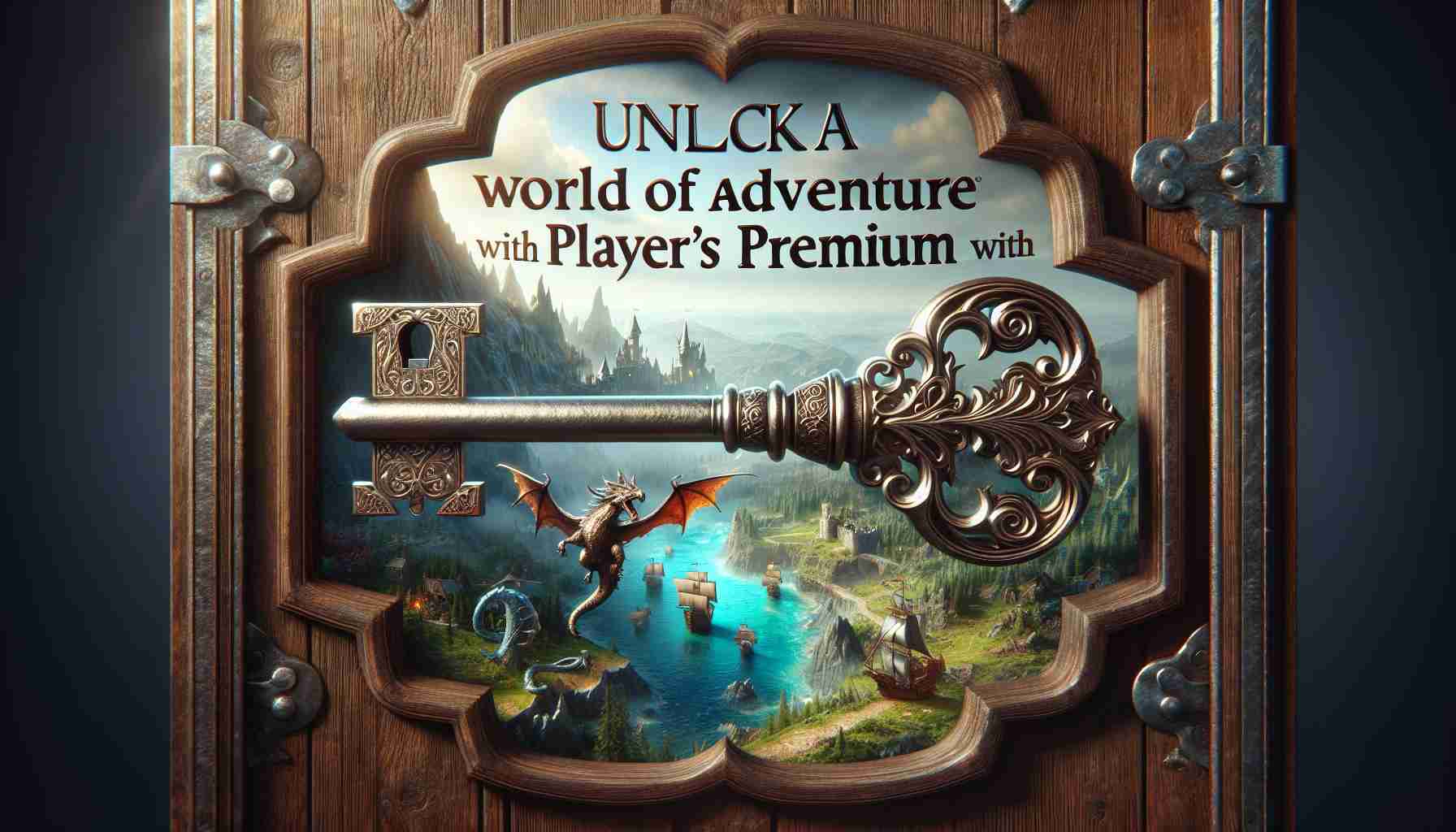 A realistic high definition image of a concept depicting the saying 'Unlock a World of Adventure with Player's Premium'. This would show a medieval-style key, exquisitely designed, turning in an ancient lock built into the frame of a wooden door. The door should appear slightly ajar, opening on a fantastical landscape filled with diverse adventures and destinations. This scene could include, but is not limited to, a dragon flying in the sky, a pirate ship sailing on an azure sea, an enchanted forest in the distance, and a castle perched on a hill. The words 'Unlock a World of Adventure with Player's Premium' should be overlaid in bold, elegant text.