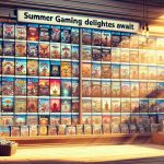 Picture a warm summer day with sunlight filtering down on a vibrant digital storefront. The scene encapsulates the essence of an online gaming platform store, teeming with varieties of exciting game covers arranged in a grid layout. Buzz words like 'new releases', 'discounts', and 'staff picks' pop up across the page. A large banner at the top hails 'Summer Gaming Delights Await!'. This scene is as detailed as a high-definition photograph, capturing the textures, shadows and colors with pinpoint precision.