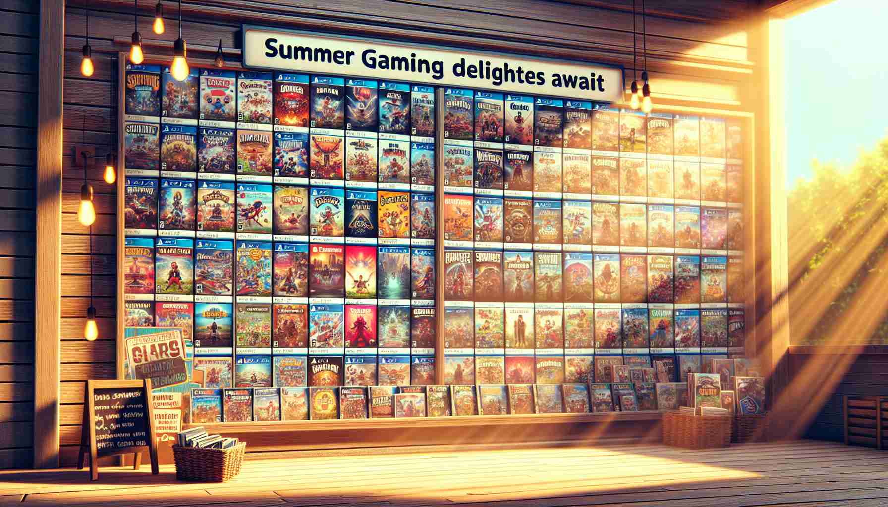 Picture a warm summer day with sunlight filtering down on a vibrant digital storefront. The scene encapsulates the essence of an online gaming platform store, teeming with varieties of exciting game covers arranged in a grid layout. Buzz words like 'new releases', 'discounts', and 'staff picks' pop up across the page. A large banner at the top hails 'Summer Gaming Delights Await!'. This scene is as detailed as a high-definition photograph, capturing the textures, shadows and colors with pinpoint precision.