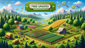 Create a realistic, high-resolution image representing the concept of unending free updates for a popular, idyllic farming and rural life simulation game. This new era is marked by enhanced game features, numerous novelties, and an increased scope for customization. Show elements that could belong to such a game like lush, green farmlands; various crops, animals; along with symbols or visual metaphors of ongoing improvements and upgrades - gears, loading symbols, etc.