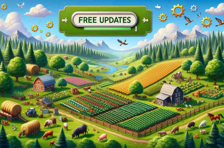 Create a realistic, high-resolution image representing the concept of unending free updates for a popular, idyllic farming and rural life simulation game. This new era is marked by enhanced game features, numerous novelties, and an increased scope for customization. Show elements that could belong to such a game like lush, green farmlands; various crops, animals; along with symbols or visual metaphors of ongoing improvements and upgrades - gears, loading symbols, etc.