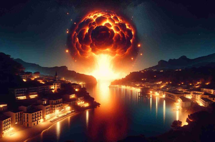 Generate a realistic high-definition image of a spectacular fireball sighting. The scene takes place over a picturesque coastal town during nighttime. The fiery spectacle illuminates the night sky in vibrant oranges and reds while the town's lights twinkle below. Shadows caused by the intense light dance on the architectural features of the town. The coastal waters reflect the bright light, adding to the overall surreal ambience.