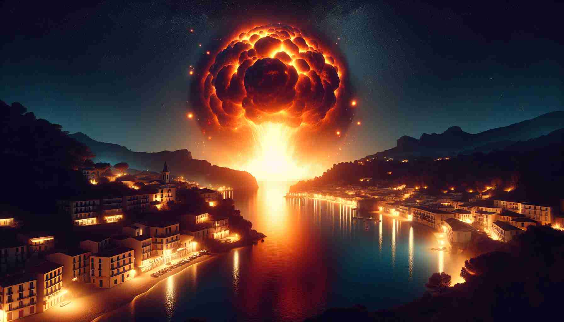 Generate a realistic high-definition image of a spectacular fireball sighting. The scene takes place over a picturesque coastal town during nighttime. The fiery spectacle illuminates the night sky in vibrant oranges and reds while the town's lights twinkle below. Shadows caused by the intense light dance on the architectural features of the town. The coastal waters reflect the bright light, adding to the overall surreal ambience.