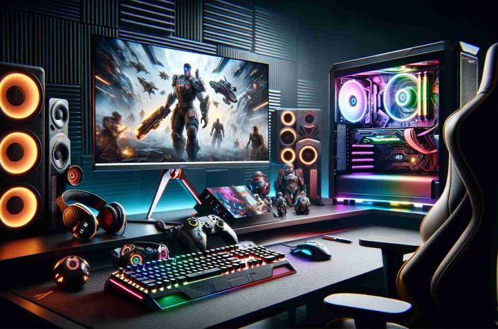 A high-definition, realistic image of an immersive gaming setup. The scene includes top-tier gaming equipment and accessories; a high-performance gaming PC featuring RGB lighting, an ultra-wide curved display monitor showing a high-intensity action game, a mechanical gaming keyboard and high-precision mouse illuminated with colorful LED lights. On the side, there's a VR headset on a stand, high-quality surround sound speakers, and a comfortable gaming chair. Hints of innovative solutions can be seen, such as cooling systems for the PC, ergonomic design of the chair, and futuristic technology.