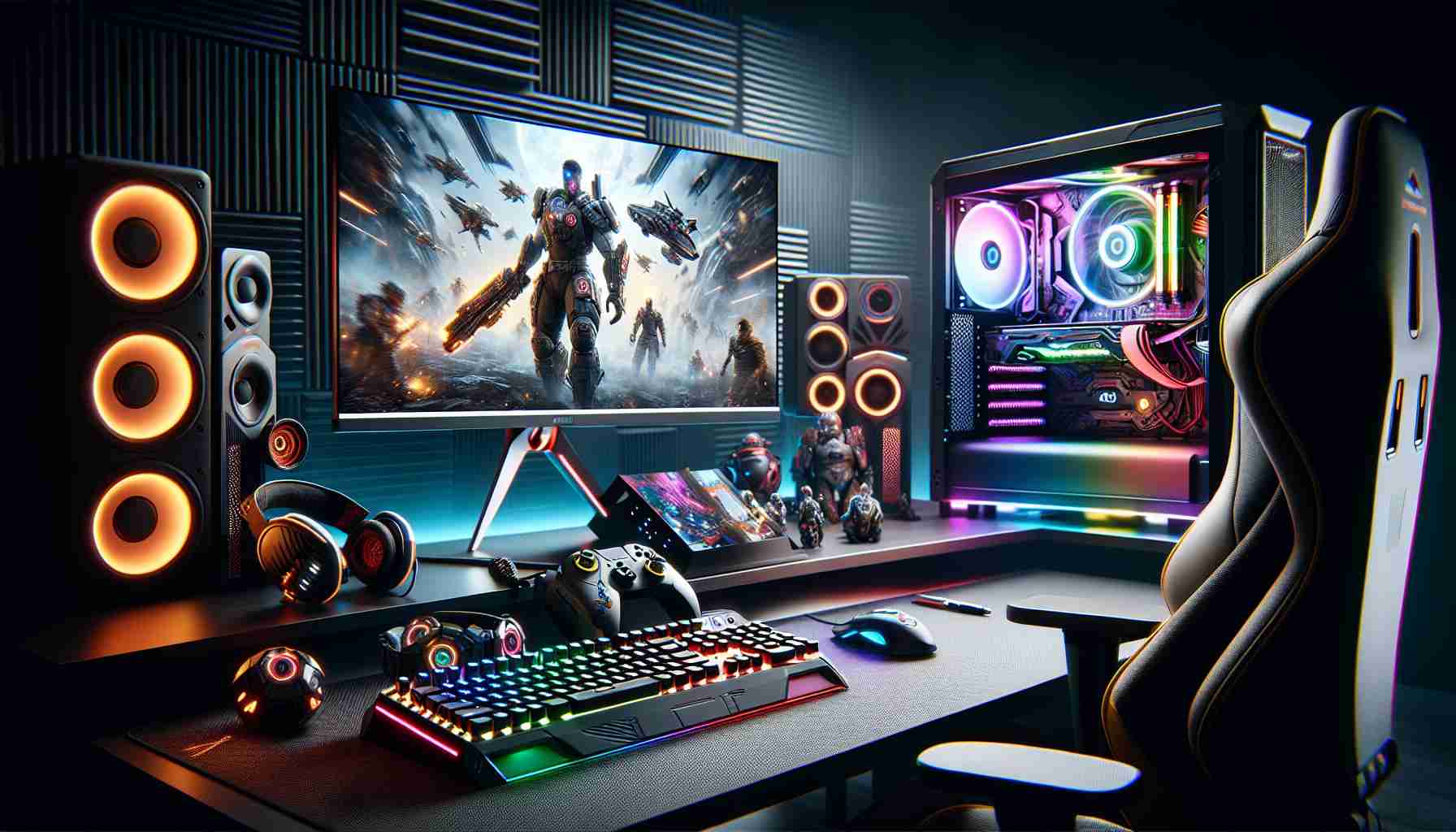 A high-definition, realistic image of an immersive gaming setup. The scene includes top-tier gaming equipment and accessories; a high-performance gaming PC featuring RGB lighting, an ultra-wide curved display monitor showing a high-intensity action game, a mechanical gaming keyboard and high-precision mouse illuminated with colorful LED lights. On the side, there's a VR headset on a stand, high-quality surround sound speakers, and a comfortable gaming chair. Hints of innovative solutions can be seen, such as cooling systems for the PC, ergonomic design of the chair, and futuristic technology.