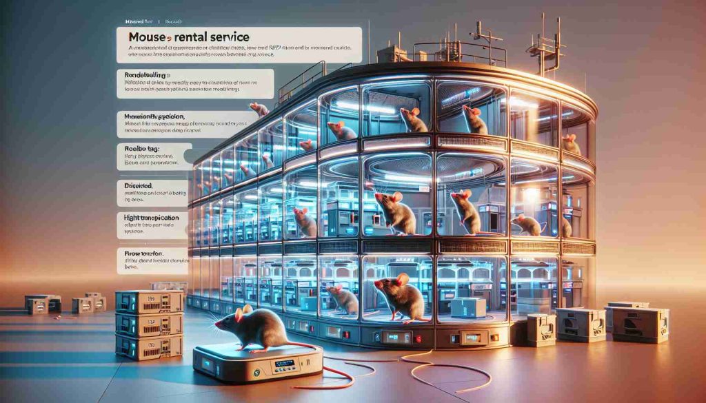 Envision the future of mouse rental services with a revolutionary approach. Picture a state-of-the-art facility, filled with clear, compartmentalized habitats, each accommodating a mouse. The facility is equipped with automated feeding and cleaning systems, minimizing human intervention. Immediately available for rental, these mice have RFID tags for easy tracking. A digital interface in the facility allows customers to view the history and health status of each mouse before making a choice. High-tech transportation boxes ensure the safe and stress-free transfer of mice. Details include the sleek, modern design of the facility and the visible contentedness of the mice.