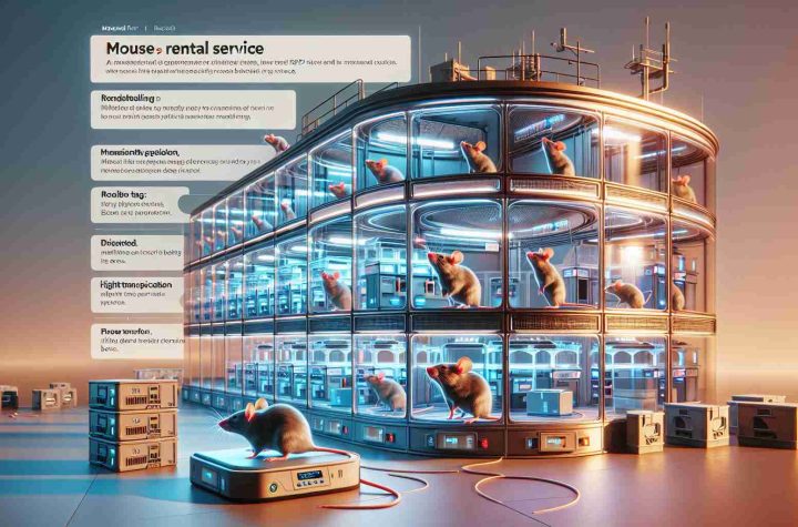 Envision the future of mouse rental services with a revolutionary approach. Picture a state-of-the-art facility, filled with clear, compartmentalized habitats, each accommodating a mouse. The facility is equipped with automated feeding and cleaning systems, minimizing human intervention. Immediately available for rental, these mice have RFID tags for easy tracking. A digital interface in the facility allows customers to view the history and health status of each mouse before making a choice. High-tech transportation boxes ensure the safe and stress-free transfer of mice. Details include the sleek, modern design of the facility and the visible contentedness of the mice.