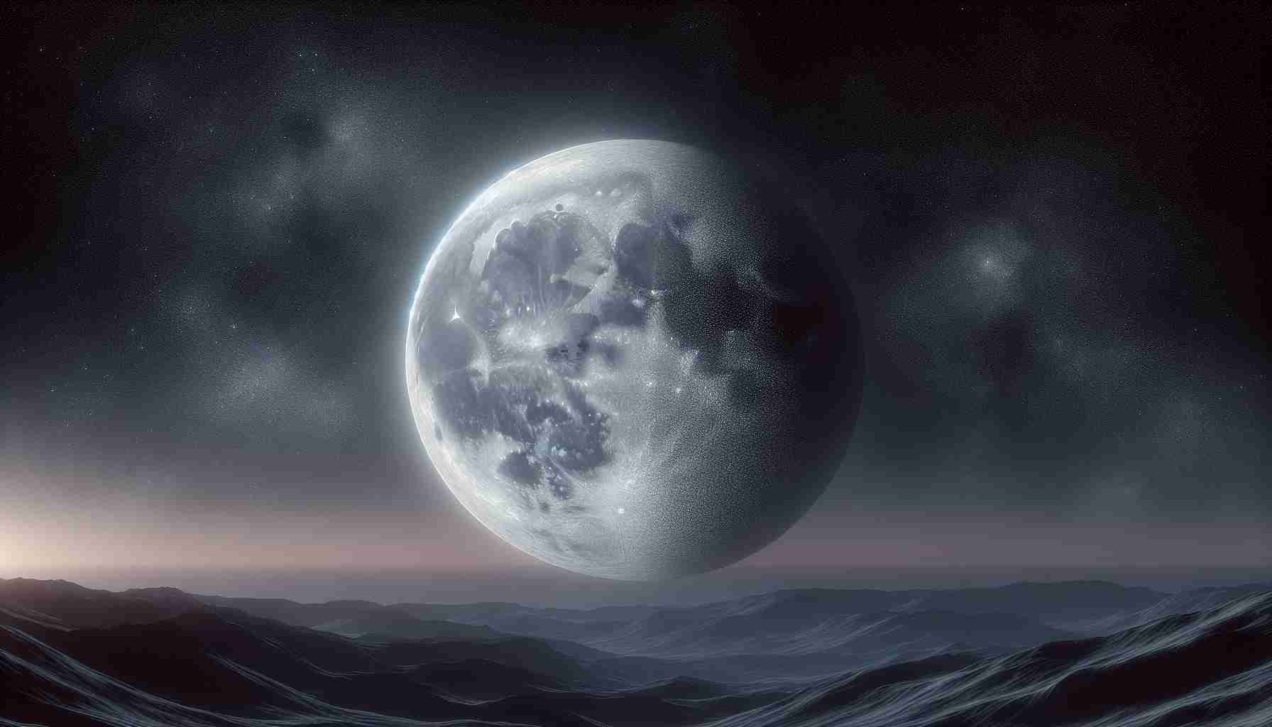 Generate a realistic, high-definition image that portrays the mystery behind the moon's invisible atmosphere. This could be visualized as a lunar landscape with the star-filled cosmos in the background, veiled by a thin, lightly shimmering layer to represent the moon's ostensibly invisible atmosphere.