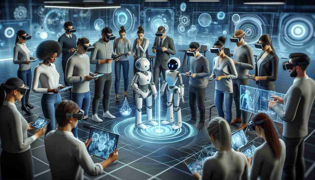 A high-definition, realistic illustration depicting the exploration of the relationship between humans and technology. This image can involve a scene where a diverse group of individuals of different descents, namely, Caucasian, Hispanic, Black, Middle-Eastern, South Asian, and White, are interacting with advanced technology. They could be wearing Virtual Reality headsets or manipulating holographic displays. There might be robots assisting them in their tasks. The setting can be a high-tech digital lab filled with futuristic gadgets. All humans should look engaged, curious and focused, emphasizing the constant learning and adapting that is inherent in this boundary exploration.