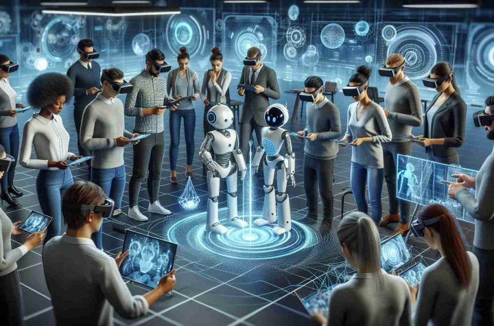 A high-definition, realistic illustration depicting the exploration of the relationship between humans and technology. This image can involve a scene where a diverse group of individuals of different descents, namely, Caucasian, Hispanic, Black, Middle-Eastern, South Asian, and White, are interacting with advanced technology. They could be wearing Virtual Reality headsets or manipulating holographic displays. There might be robots assisting them in their tasks. The setting can be a high-tech digital lab filled with futuristic gadgets. All humans should look engaged, curious and focused, emphasizing the constant learning and adapting that is inherent in this boundary exploration.