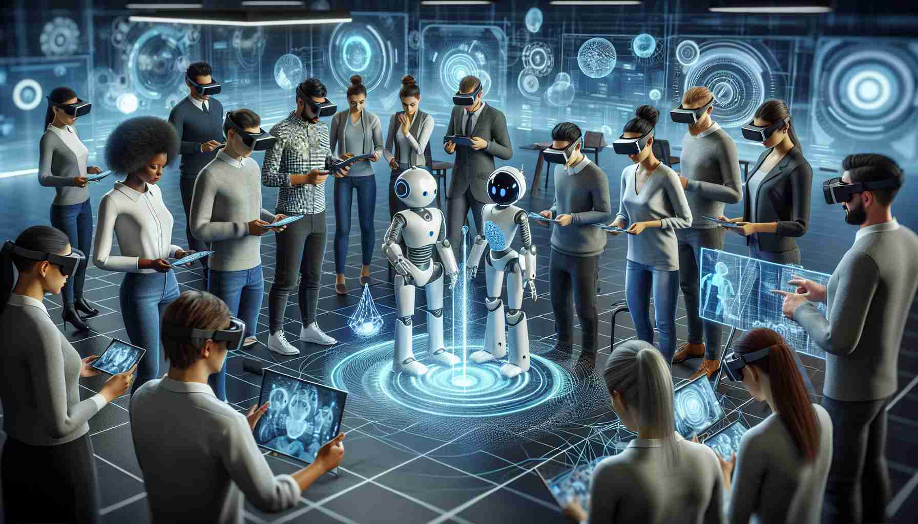 A high-definition, realistic illustration depicting the exploration of the relationship between humans and technology. This image can involve a scene where a diverse group of individuals of different descents, namely, Caucasian, Hispanic, Black, Middle-Eastern, South Asian, and White, are interacting with advanced technology. They could be wearing Virtual Reality headsets or manipulating holographic displays. There might be robots assisting them in their tasks. The setting can be a high-tech digital lab filled with futuristic gadgets. All humans should look engaged, curious and focused, emphasizing the constant learning and adapting that is inherent in this boundary exploration.