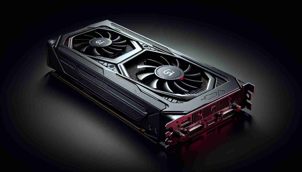 Create a realistic high-definition image of an unnamed Graphics Processing Unit (GPU). This specific model is known to be a new competitor in the technological market. The GPU is designed in a sleek manner with an elegant dark casing that houses high-performance components. It flaunts a noticeable logo on its side, indicating its powerful capabilities. It embodies an avant-garde look with dominant accents of red and black.