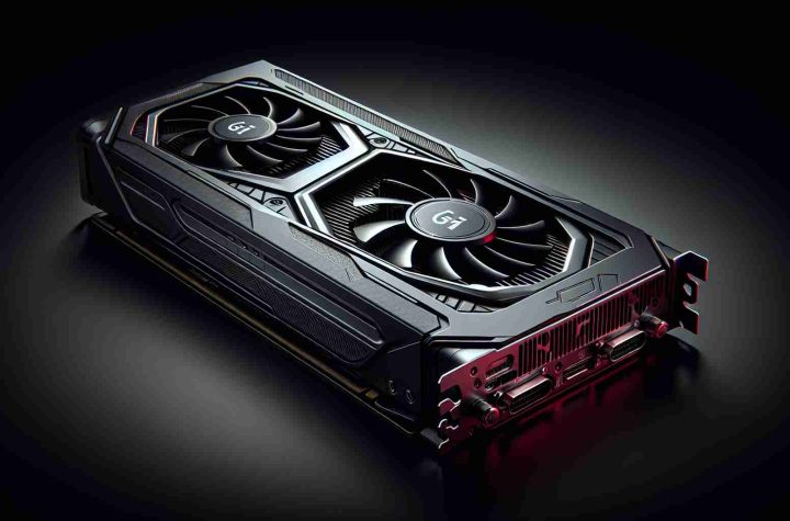 Create a realistic high-definition image of an unnamed Graphics Processing Unit (GPU). This specific model is known to be a new competitor in the technological market. The GPU is designed in a sleek manner with an elegant dark casing that houses high-performance components. It flaunts a noticeable logo on its side, indicating its powerful capabilities. It embodies an avant-garde look with dominant accents of red and black.