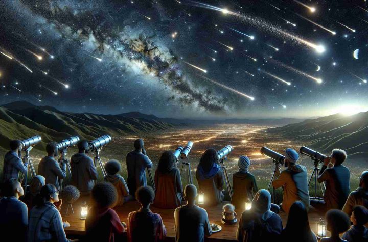 A high definition, realistic image of an event titled Stargazing Extravaganza: A Night Under the Stars. The scene captures the glittering night sky filled with countless stars and celestial bodies. Shooting stars dash across the velvet darkness, leaving behind a trail of light. The landscape below is draped with the soft luminescence of moonlight. A diverse group of enthusiastic star watchers of various descents like Black, Hispanic, South Asian, Middle Eastern and White, both men and women, equipped with telescopes and astronomy charts, enjoying the cosmic spectacle. Their fascination mirrored in their eyes as they soak up the moonlit spectacle.