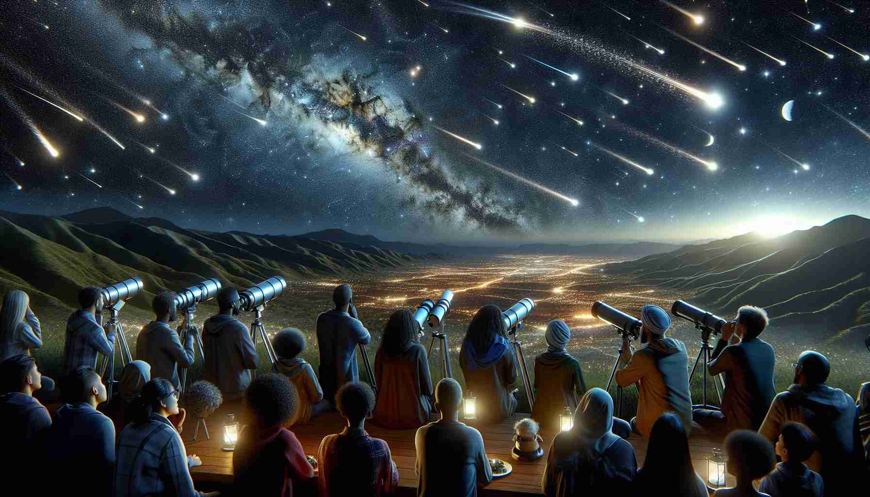 A high definition, realistic image of an event titled Stargazing Extravaganza: A Night Under the Stars. The scene captures the glittering night sky filled with countless stars and celestial bodies. Shooting stars dash across the velvet darkness, leaving behind a trail of light. The landscape below is draped with the soft luminescence of moonlight. A diverse group of enthusiastic star watchers of various descents like Black, Hispanic, South Asian, Middle Eastern and White, both men and women, equipped with telescopes and astronomy charts, enjoying the cosmic spectacle. Their fascination mirrored in their eyes as they soak up the moonlit spectacle.