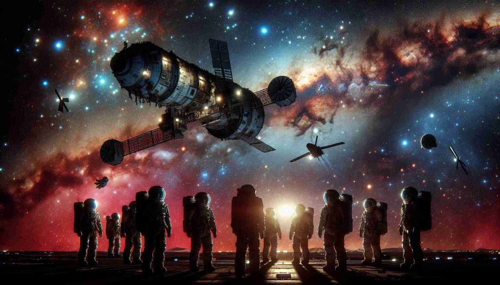 Generate a realistic HD image vividly showing a gripping space rescue scene. It depicts astronauts of diversified genders and descents, stranded in the vacuum of space, looking apprehensively towards an approaching commercial spacecraft designed for space travel. The spacecraft approaches with a mission to rescue, displayed grace of modern technology against the stunning backdrop of distant stars and galaxies. The colorful interplay of the cosmos, dark shadowy silhouettes of the astronauts and the illuminated spacecraft culminate together to create a compelling visual.