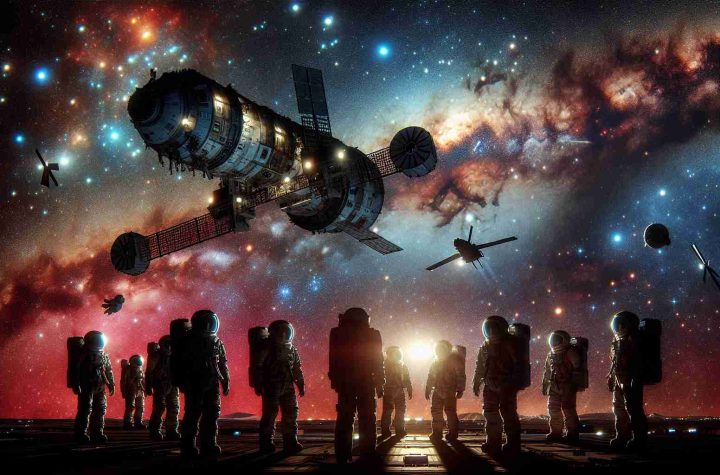 Generate a realistic HD image vividly showing a gripping space rescue scene. It depicts astronauts of diversified genders and descents, stranded in the vacuum of space, looking apprehensively towards an approaching commercial spacecraft designed for space travel. The spacecraft approaches with a mission to rescue, displayed grace of modern technology against the stunning backdrop of distant stars and galaxies. The colorful interplay of the cosmos, dark shadowy silhouettes of the astronauts and the illuminated spacecraft culminate together to create a compelling visual.