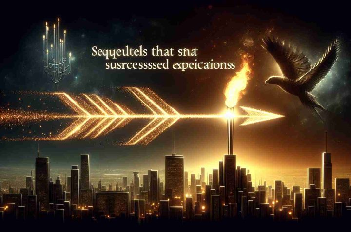 Create a high-definition, realistic representation of 'Sequels That Surpassed Expectations.' The image should feature elements evocative of cinematic sequels that had more success than their predecessors. Think along the lines of abstract concepts like an arrow soaring beyond its initial launchpoint or a lit torch outshining a dimly lit predecessor.