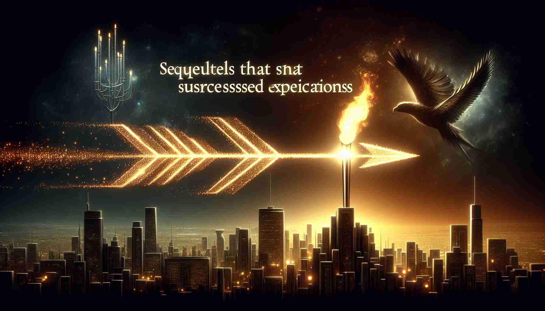 Create a high-definition, realistic representation of 'Sequels That Surpassed Expectations.' The image should feature elements evocative of cinematic sequels that had more success than their predecessors. Think along the lines of abstract concepts like an arrow soaring beyond its initial launchpoint or a lit torch outshining a dimly lit predecessor.